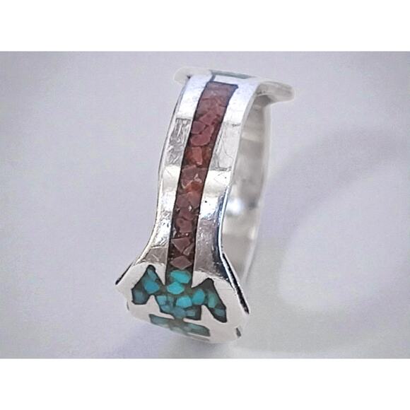 Vintage Native American 925 Silver Ring Turquoise Coral Inlay Southwestern - Picture 6 of 8